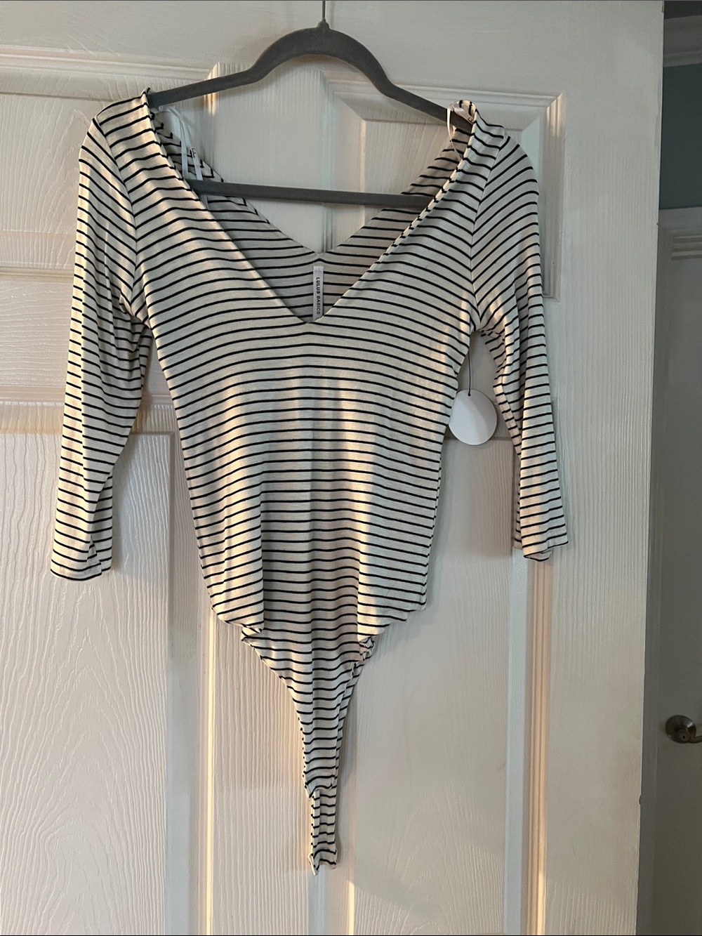 Lulu's Black & White Striped V-Neck Bodysuit